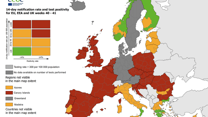 Covid-19-Χάρτης του ECDC: Στο «κόκκινο» η Ευρώπη – «Πράσινη» εν μέρει η Ελλάδα
