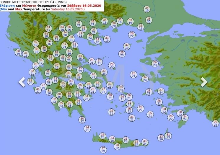 O χάρτης θερμοκρασιών για τον καιρό του Σαββάτου