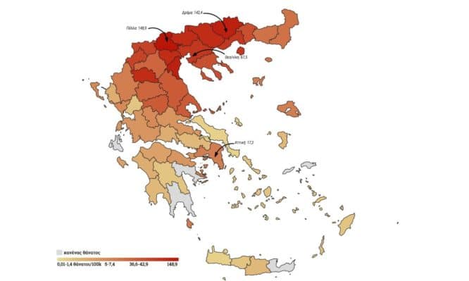 COVID-19 Ελλάδα: Ο χάρτης με τη γεωγραφική κατανομή των θανάτων τους 10 μήνες- Σε ποια θέση βρίσκονται οι Σέρρες