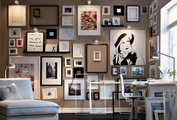 a room with pictures on the wall