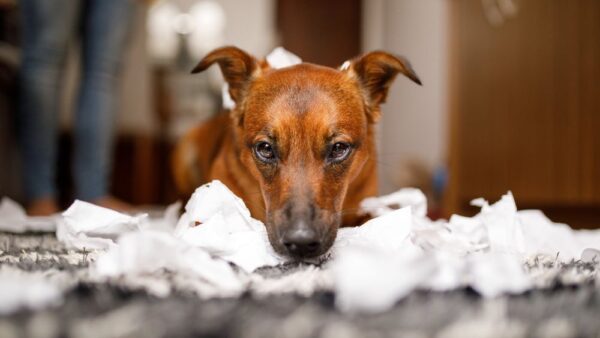 a dog lying on a pile of paper