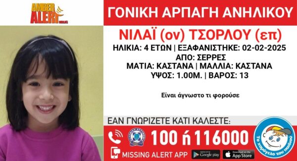 Σέρρες: AMBER ALERT για αρπαγή 4χρονης από τον πατέρα της – Ενδείξεις ότι κινδυνεύει