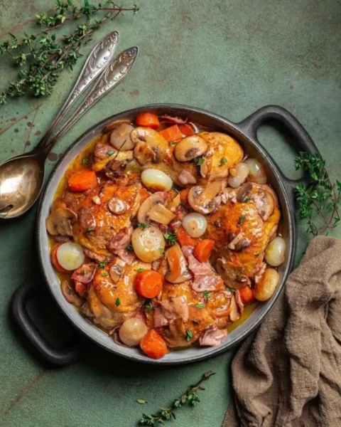 Coq au vin: Κόκορας κρασάτος α λα γαλλικά