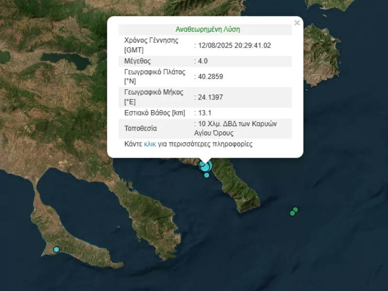 Σεισμική δόνηση 4 Ρίχτερ στις Καρυές του Αγίου Όρους