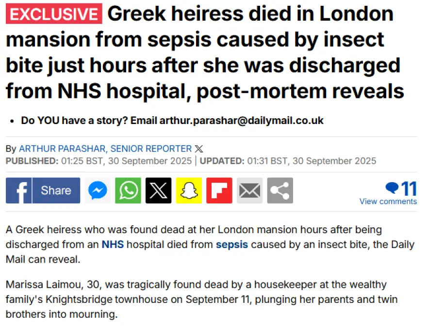 Daily Mail: Η Μαρίσσα Λεμού πέθανε από σήψη μετά από τσίμπημα εντόμου - «Είχαν τη διάγνωση και την έστειλαν σπίτι» λέει η οικογένεια