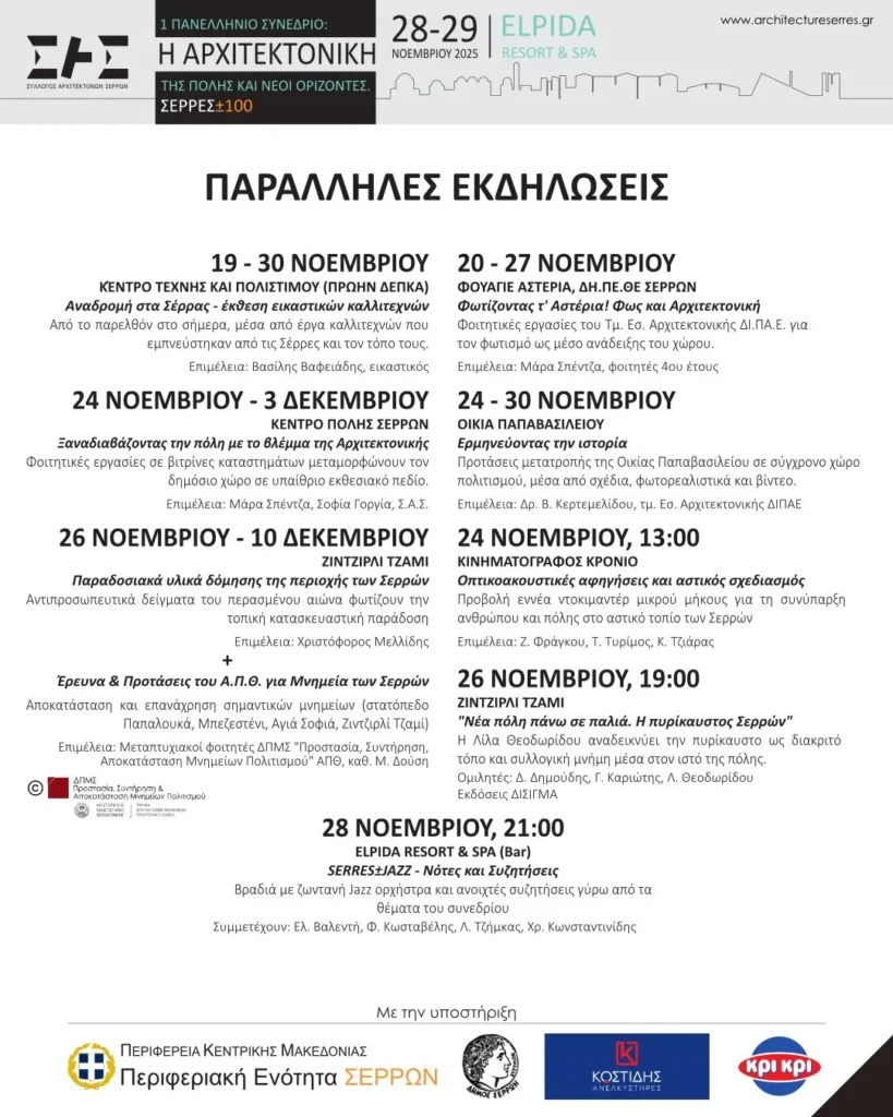 Παράλληλες Εκδηλώσεις του Συνεδρίου «Η Αρχιτεκτονική της πόλης και νέοι ορίζοντες – ΣΕΡΡΕΣ±100»