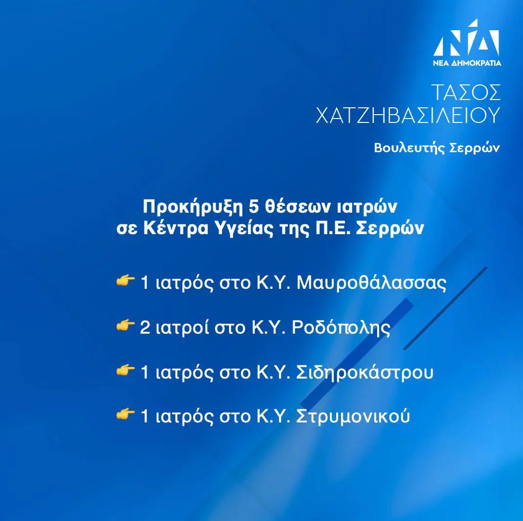 5 νέες θέσεις Ιατρών σε Κέντρα Υγείας της Π.Ε. Σερρών